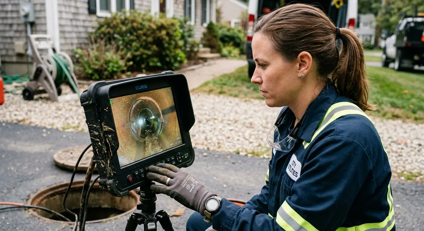 Technician reviewing sewer camera inspection footage in Washington