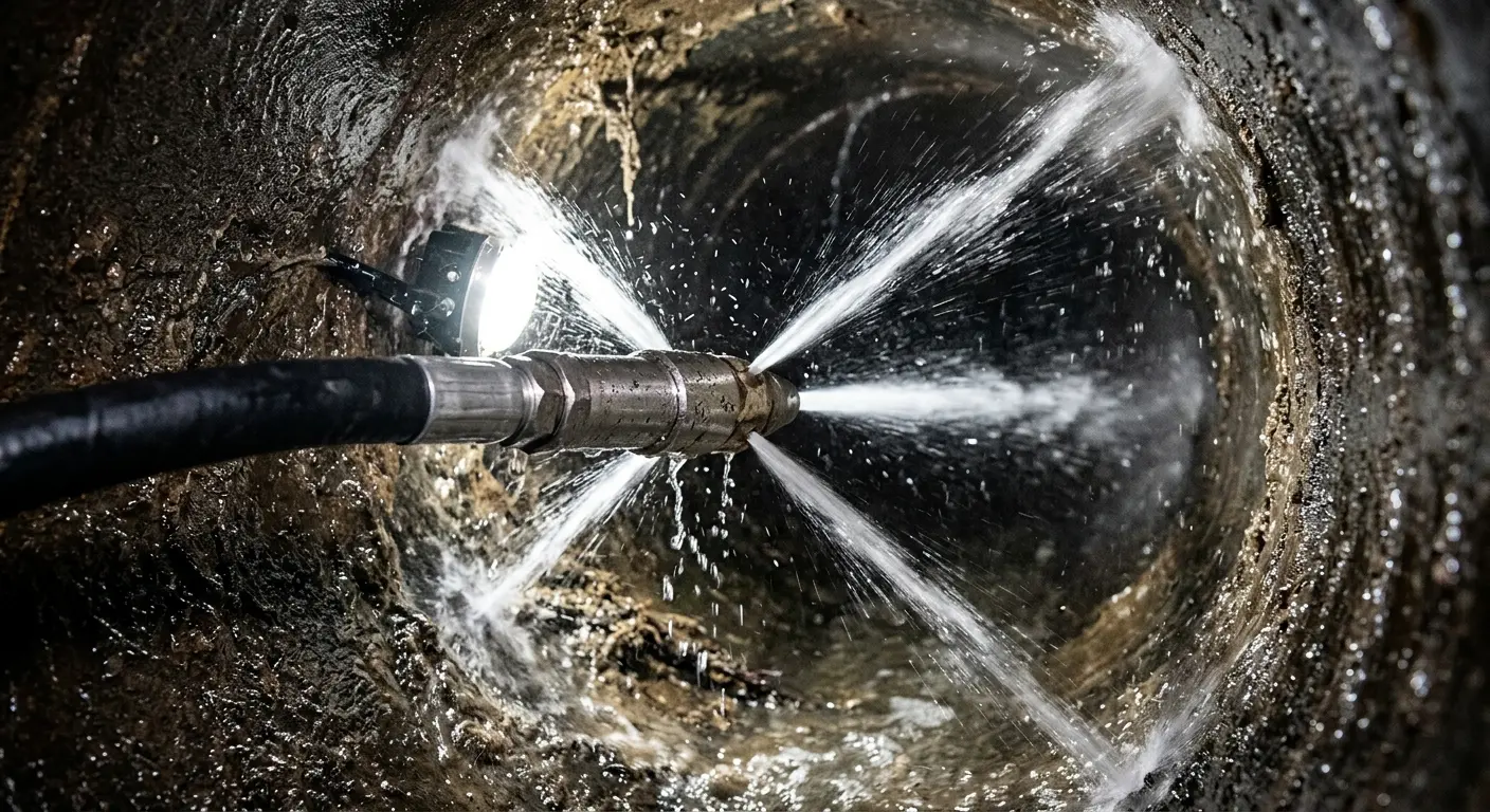 High-pressure hydro jetting nozzle cleaning sewer pipe for Sewer Cleanout in Washington