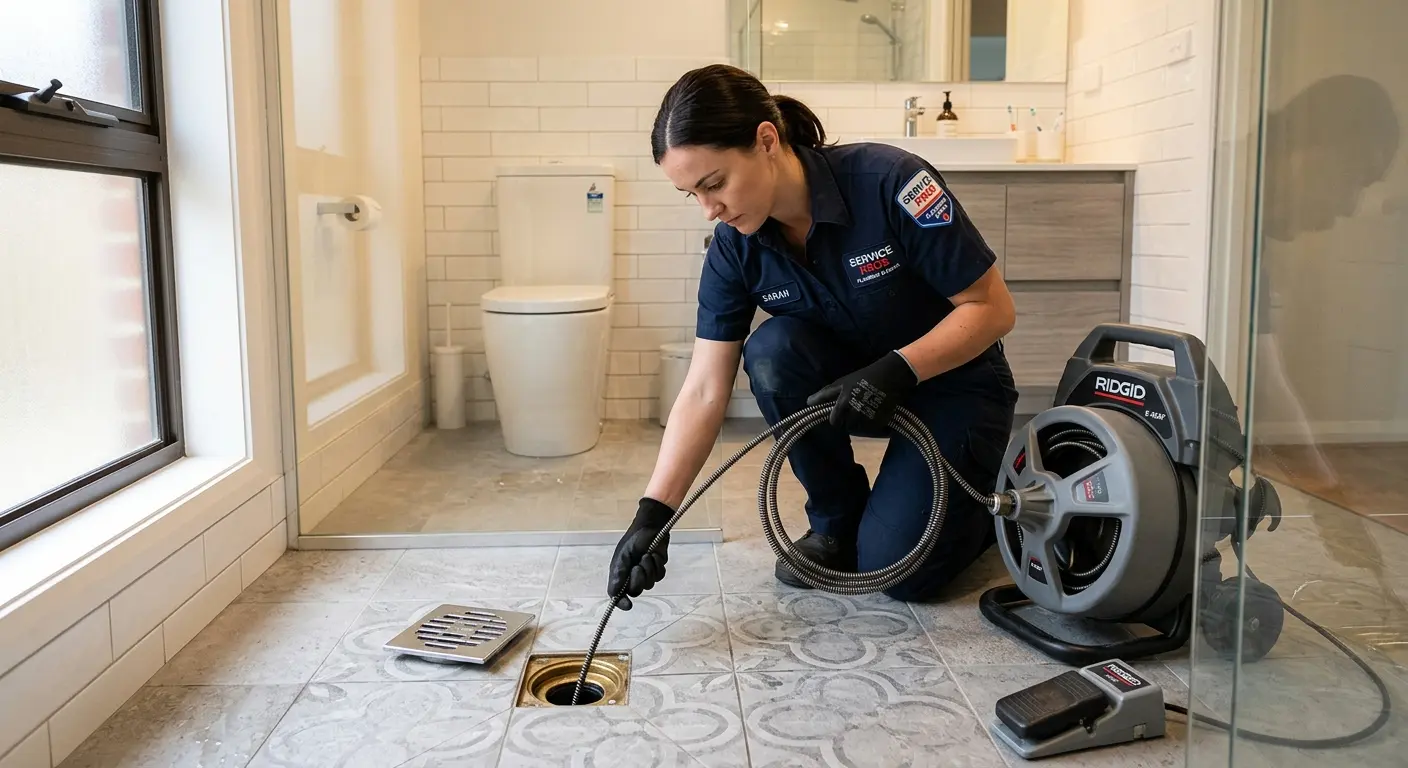Technician clearing a bathroom floor drain for Hydro Jetting in Washington